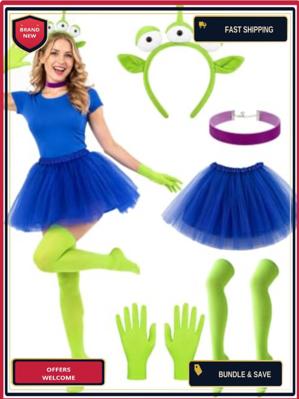 Alien Costume Accessory Set 5 Pc Headband Choker Tutu Gloves Stockings